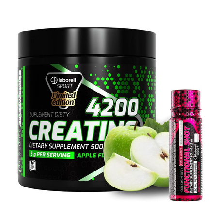 Creatine monohydrate jabłko 500g Laborell + gratis PRE-WORKOUT Shot malinowy